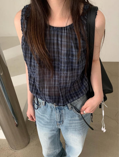 【F60577】法式甜美田園風🍒復古格紋腰部抽繩顯瘦無袖上衣260504