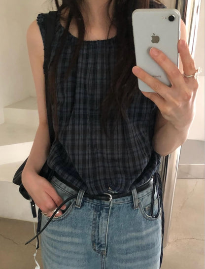 【F60577】法式甜美田園風🍒復古格紋腰部抽繩顯瘦無袖上衣260504
