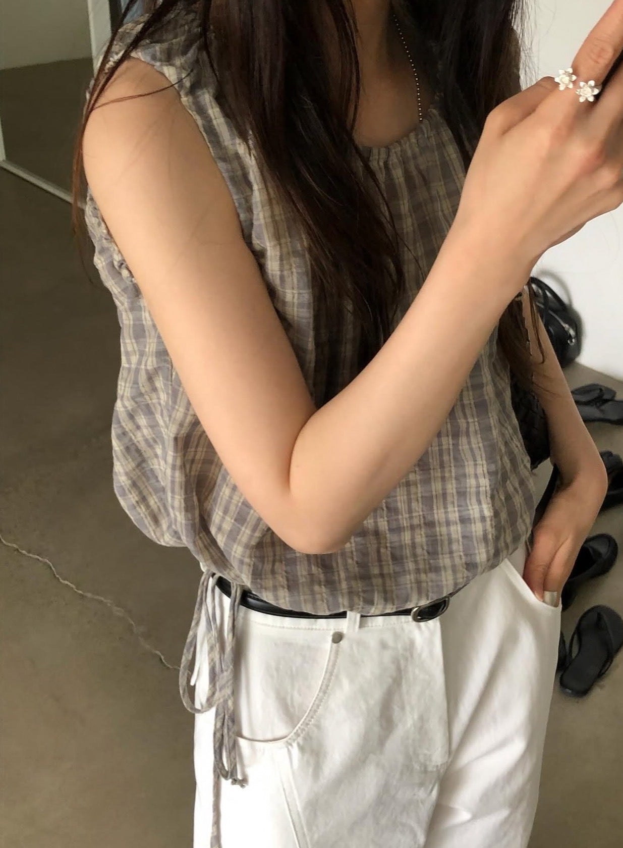 【F60577】法式甜美田園風🍒復古格紋腰部抽繩顯瘦無袖上衣260504