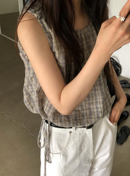 【F60577】法式甜美田園風🍒復古格紋腰部抽繩顯瘦無袖上衣260504