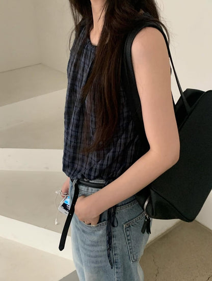 【F60577】法式甜美田園風🍒復古格紋腰部抽繩顯瘦無袖上衣260504