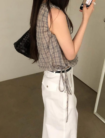 【F60577】法式甜美田園風🍒復古格紋腰部抽繩顯瘦無袖上衣260504