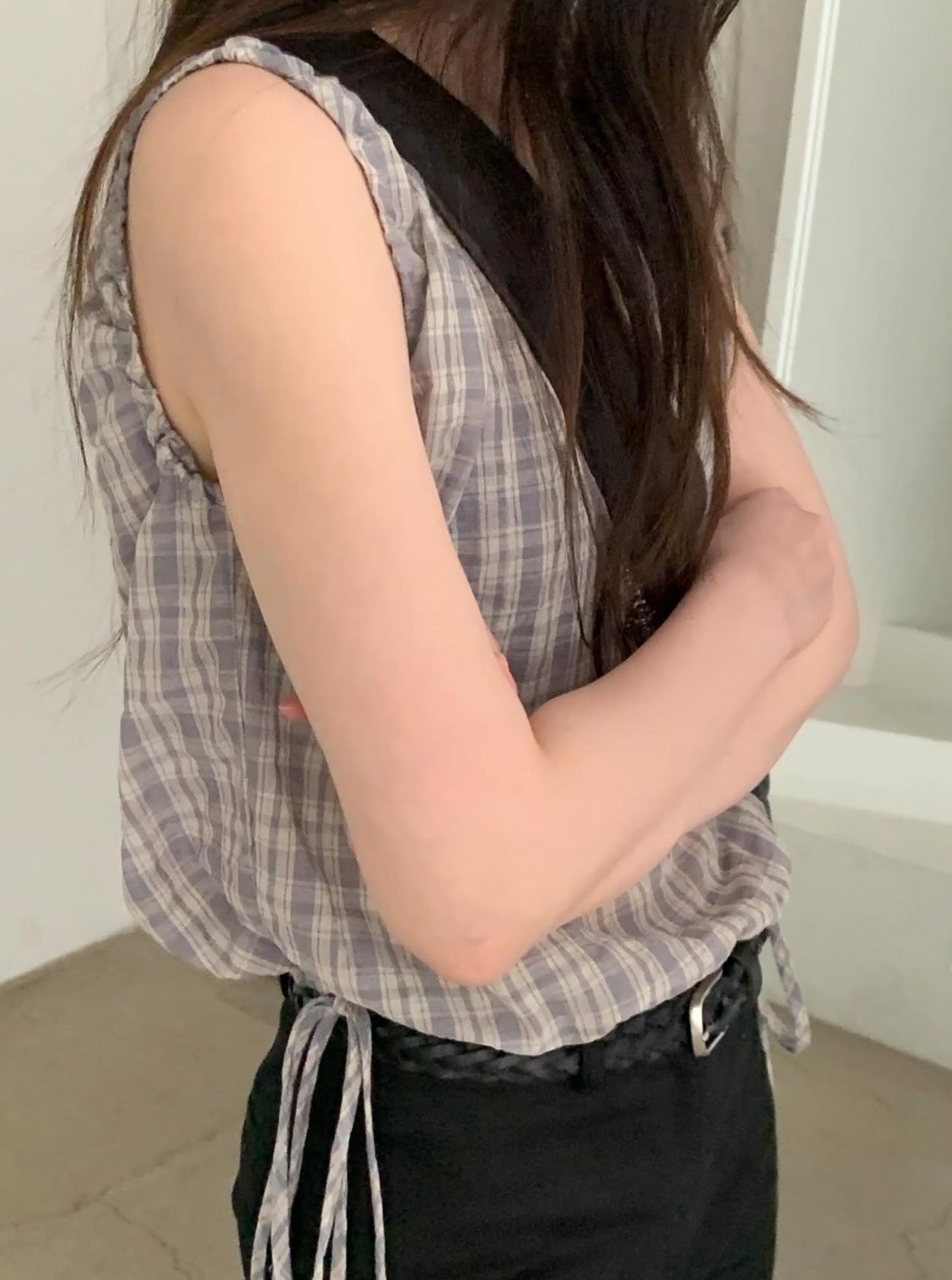 【F60577】法式甜美田園風🍒復古格紋腰部抽繩顯瘦無袖上衣260504