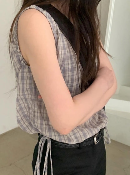 【F60577】法式甜美田園風🍒復古格紋腰部抽繩顯瘦無袖上衣260504