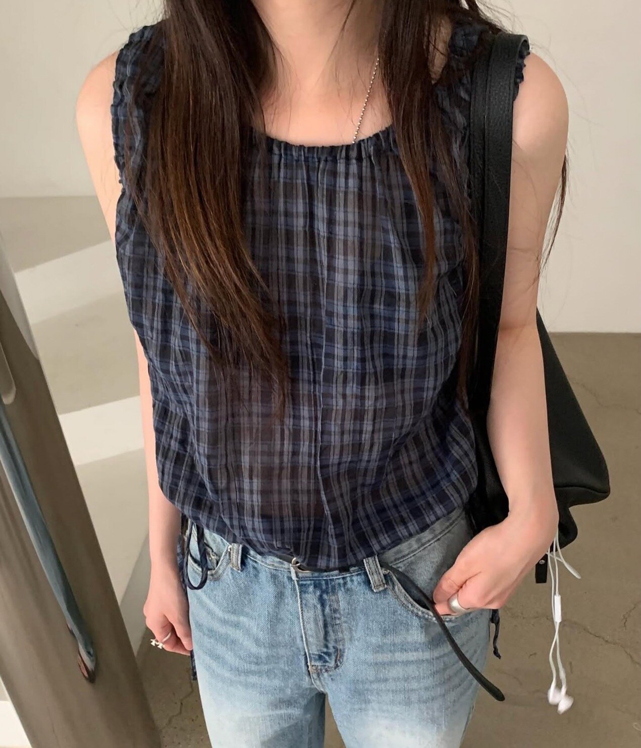 【F60577】法式甜美田園風🍒復古格紋腰部抽繩顯瘦無袖上衣260504