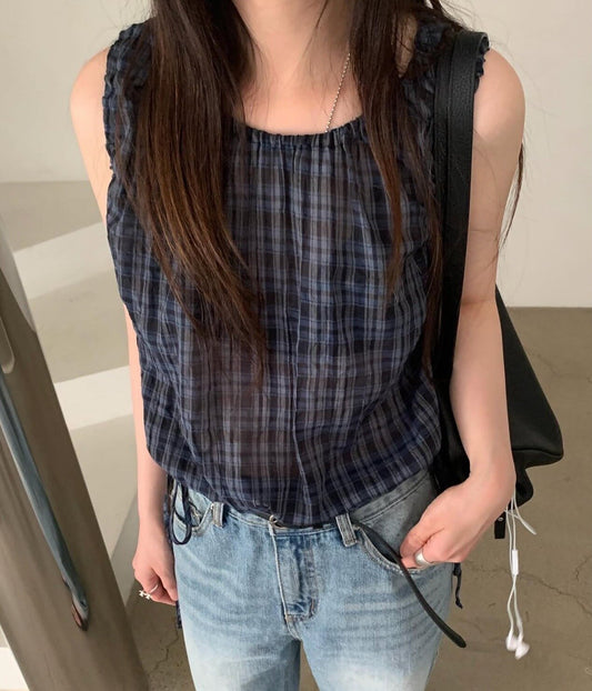 【F60577】法式甜美田園風🍒復古格紋腰部抽繩顯瘦無袖上衣260504