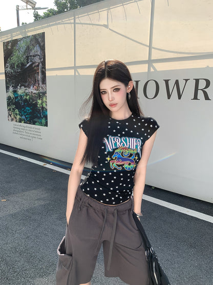【F60570】實拍Y2K復古辣妹🌟滿版星星印花設計感飛飛袖修身短袖T恤260504