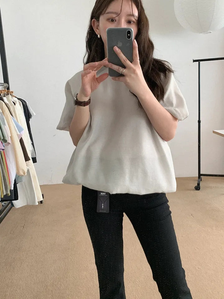 【F60637】韓系溫柔仙女系🌸簡約小眾泡泡袖寬鬆顯瘦花苞袖短袖上衣260713