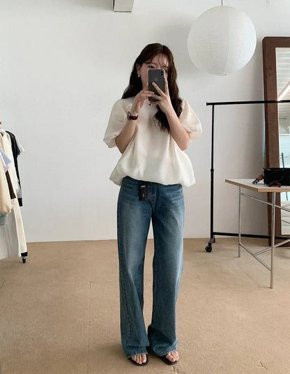 【F60637】韓系溫柔仙女系🌸簡約小眾泡泡袖寬鬆顯瘦花苞袖短袖上衣260713