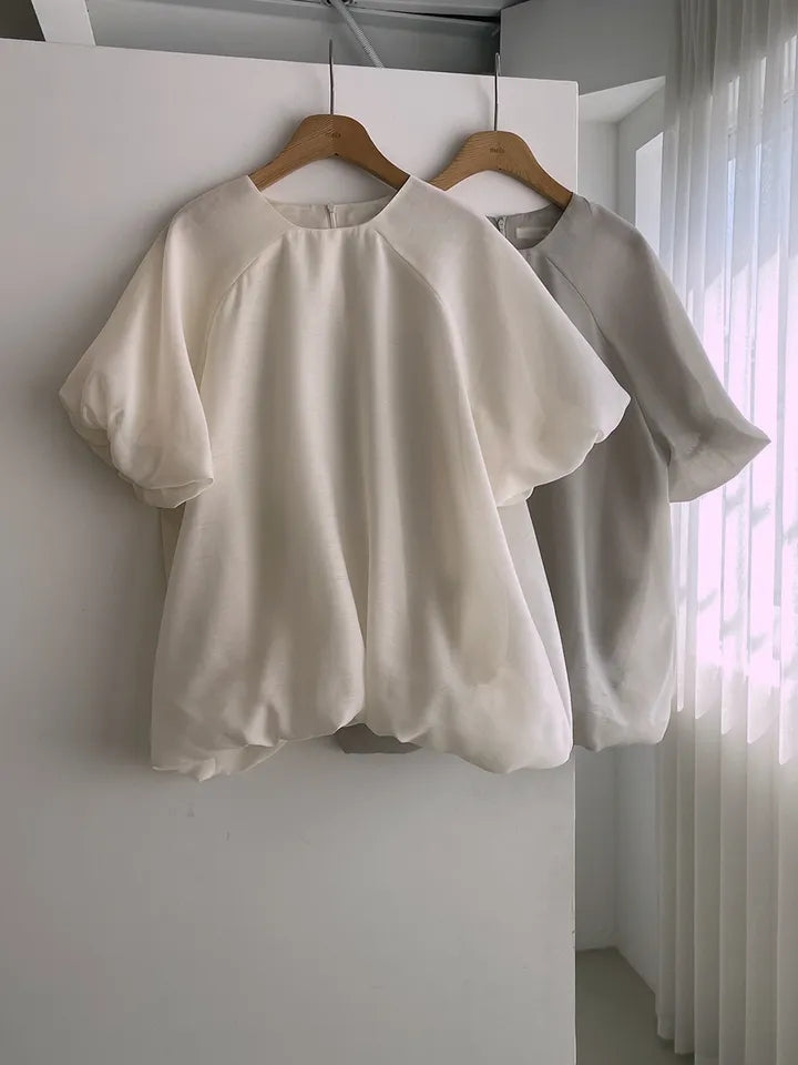 【F60637】韓系溫柔仙女系🌸簡約小眾泡泡袖寬鬆顯瘦花苞袖短袖上衣260713