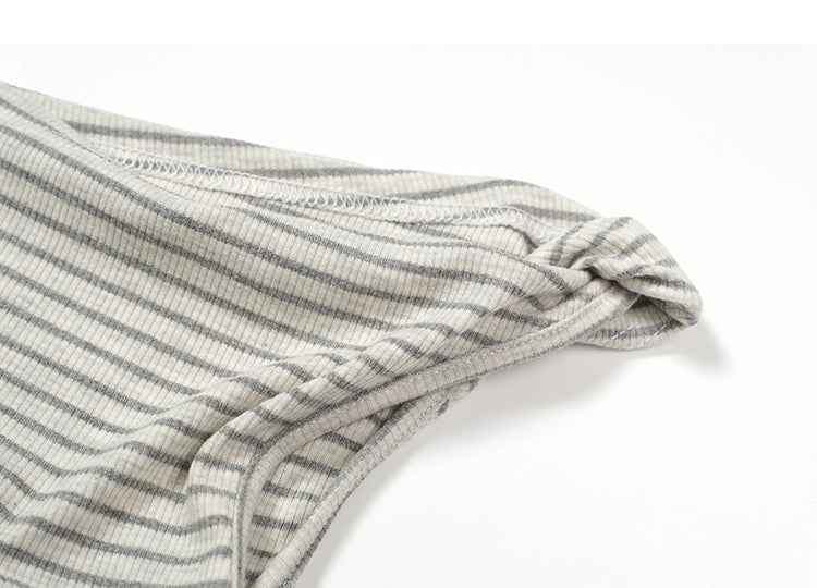 【F60620】實拍設計感時髦✨棉質條紋斜肩收腰扭結抓皺後開衩長洋裝260609