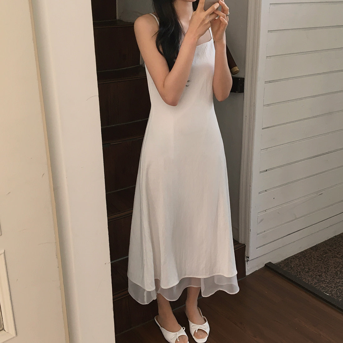 【F60612】韓系甜美仙氣感☁️設計感細肩帶多層網紗澎澎連身洋裝260609