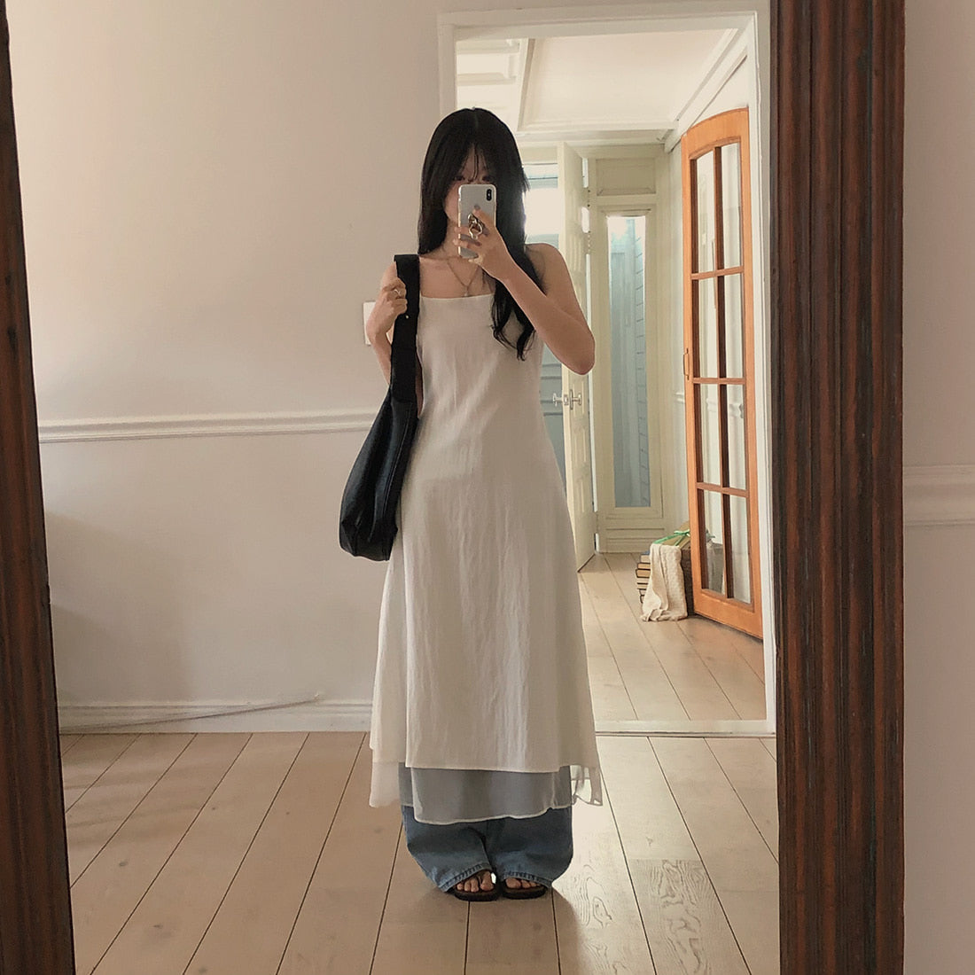 【F60612】韓系甜美仙氣感☁️設計感細肩帶多層網紗澎澎連身洋裝260609