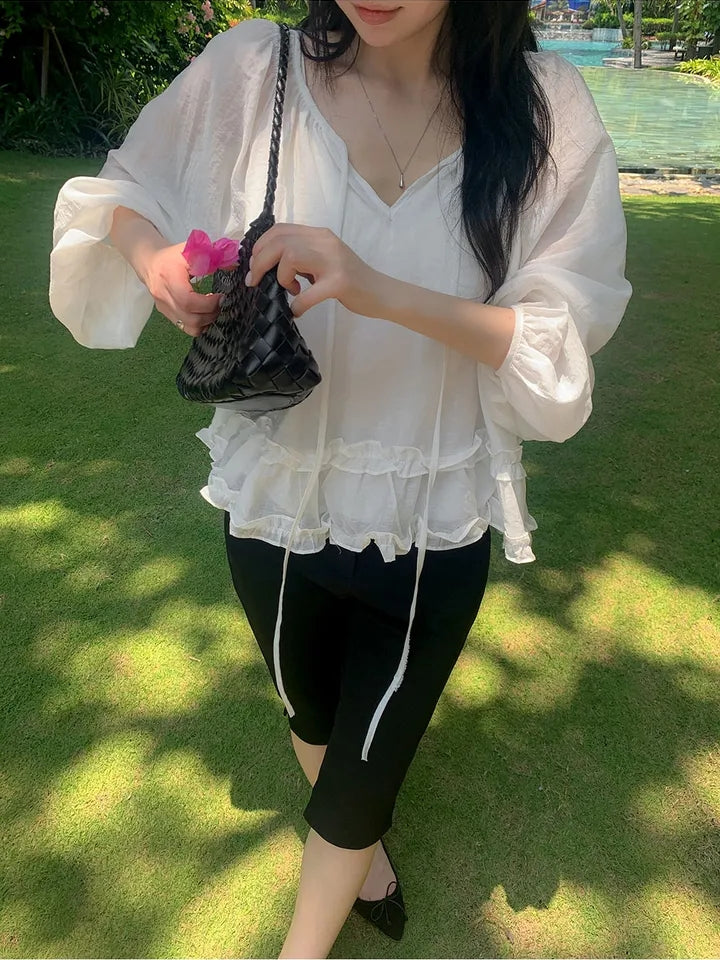 【F60703】法式溫柔・木耳邊綁帶寬鬆長袖襯衫260914