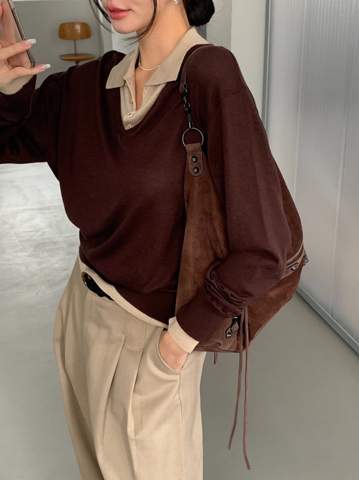 【F60788】氣質撞色・翻領拼接長袖針織衫261019