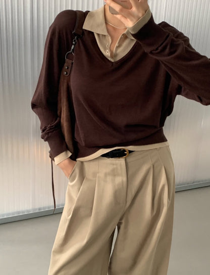 【F60788】氣質撞色・翻領拼接長袖針織衫261019