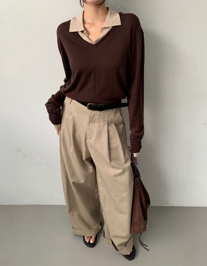 【F60788】氣質撞色・翻領拼接長袖針織衫261019