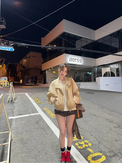 【F60704】復古率性・翻領工裝拉鍊短版夾克外套260914