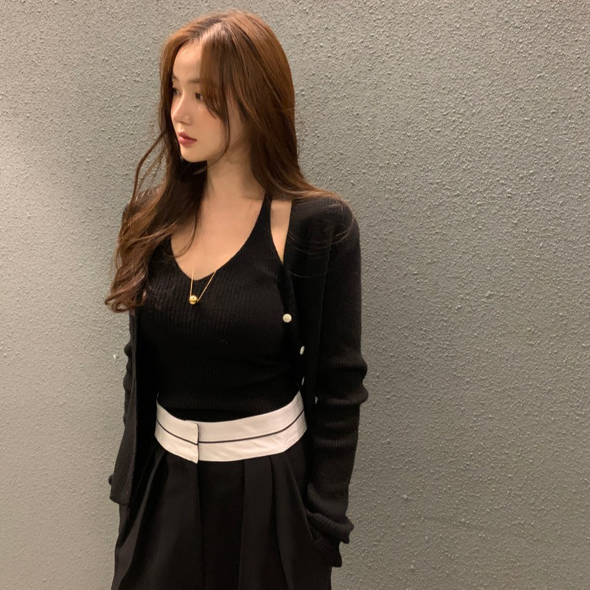 【F60669】早秋氣質・V領針織背心+毛衣外套260825