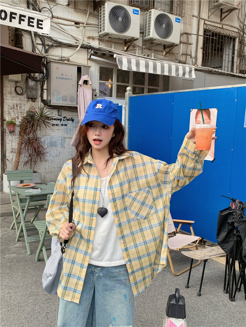 【F60661】韓系慵懶・休閒撞色格紋寬鬆長袖襯衫260825