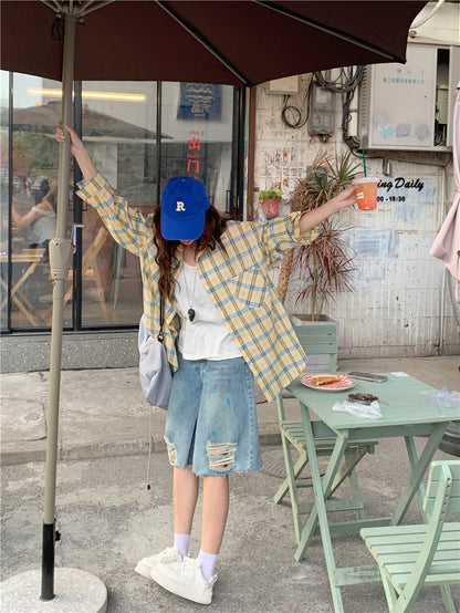 【F60661】韓系慵懶・休閒撞色格紋寬鬆長袖襯衫260825