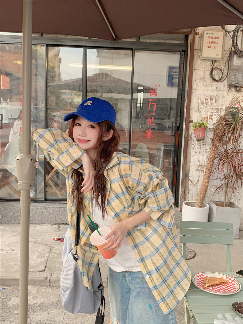 【F60661】韓系慵懶・休閒撞色格紋寬鬆長袖襯衫260825