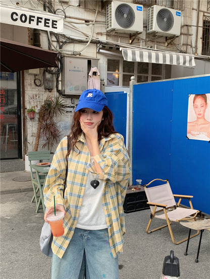 【F60661】韓系慵懶・休閒撞色格紋寬鬆長袖襯衫260825