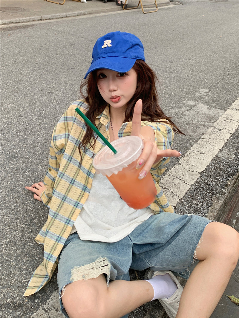 【F60661】韓系慵懶・休閒撞色格紋寬鬆長袖襯衫260825