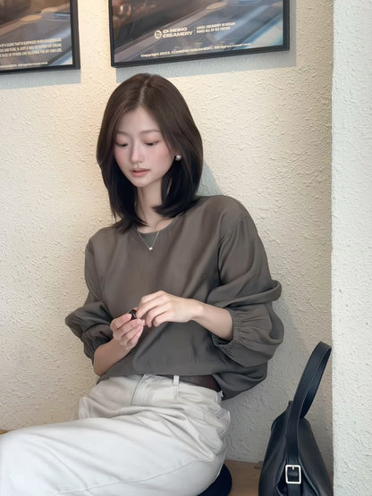 【F60680】輕熟知性・復古色系簡約長袖套頭襯衫260825