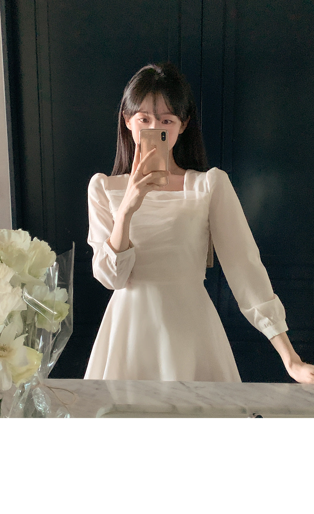 【F60736】法式浪漫・方領網紗拼接泡泡袖綁帶縮腰洋裝260928