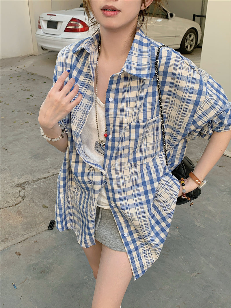 【F60662】極簡日常・寬鬆百搭長袖格紋襯衫260825