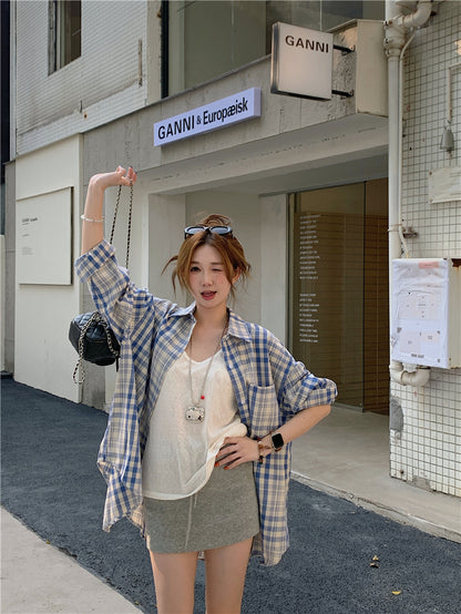 【F60662】極簡日常・寬鬆百搭長袖格紋襯衫260825