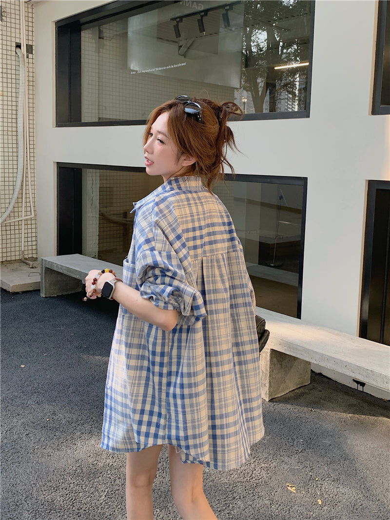 【F60662】極簡日常・寬鬆百搭長袖格紋襯衫260825