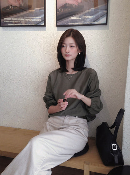 【F60680】輕熟知性・復古色系簡約長袖套頭襯衫260825