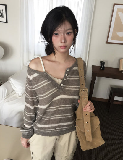 【F60696】慵懶輕質感・半開領排釦條紋針織衫260914