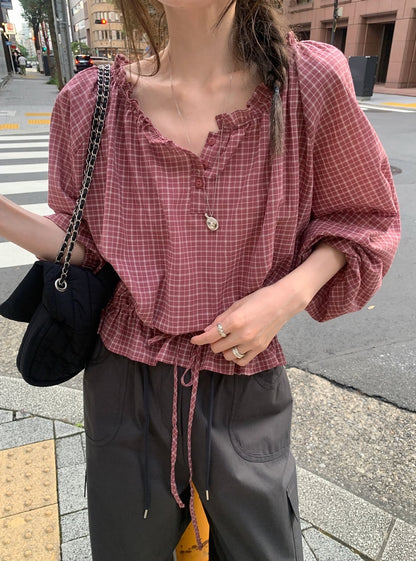 【F60672】復古輕質感・縮腰綁帶格紋長袖襯衫260825