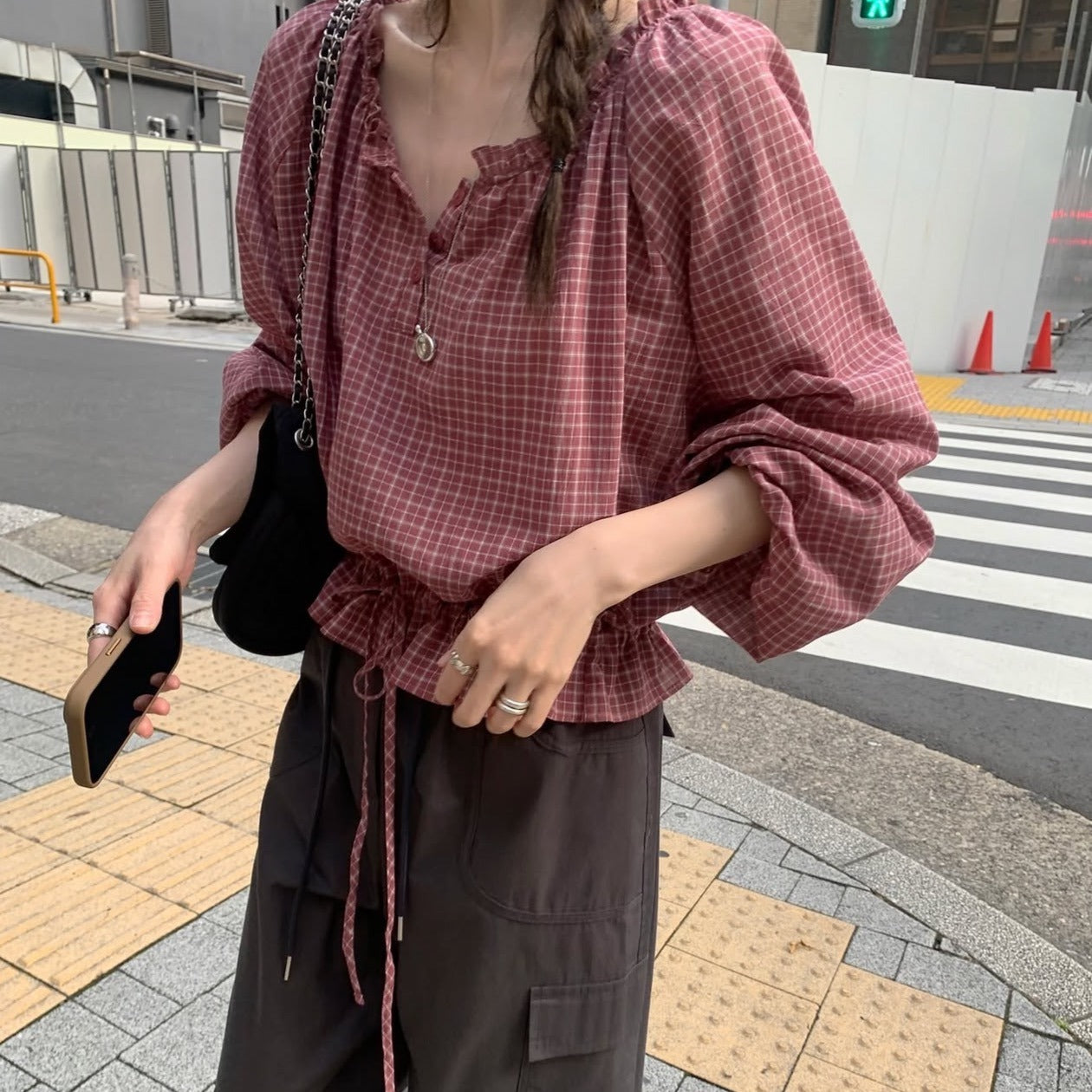 【F60672】復古輕質感・縮腰綁帶格紋長袖襯衫260825