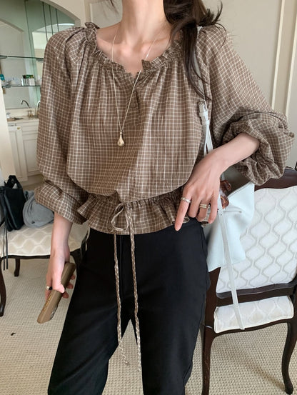 【F60672】復古輕質感・縮腰綁帶格紋長袖襯衫260825