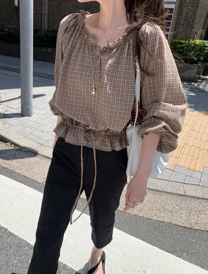 【F60672】復古輕質感・縮腰綁帶格紋長袖襯衫260825