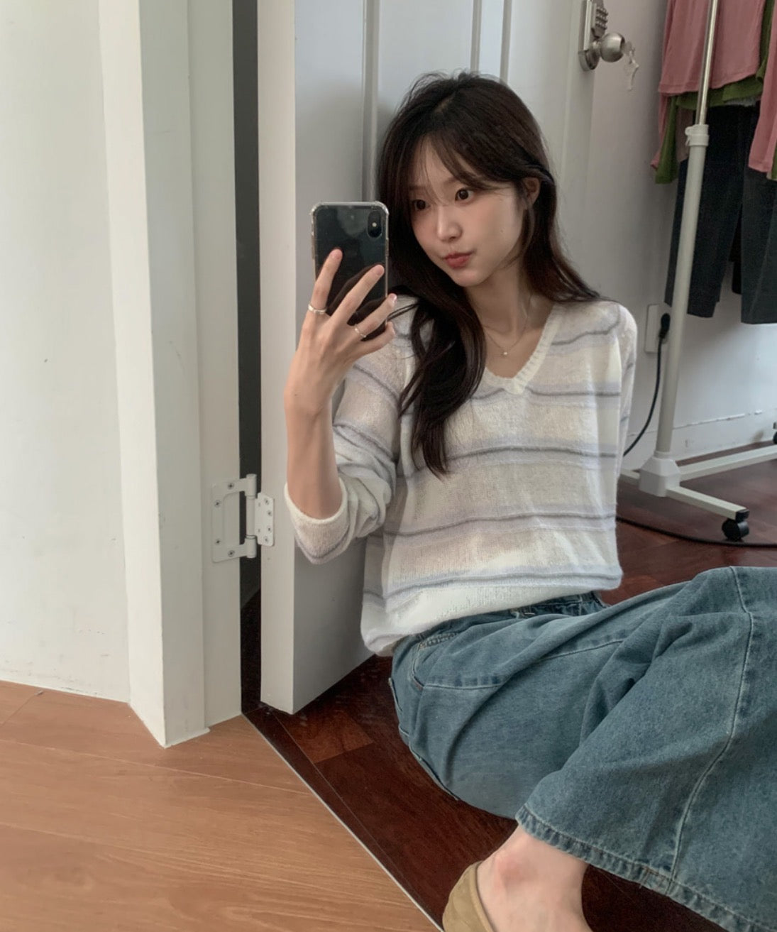 【F60695】法式甜美・V領條紋長袖針織衫260914