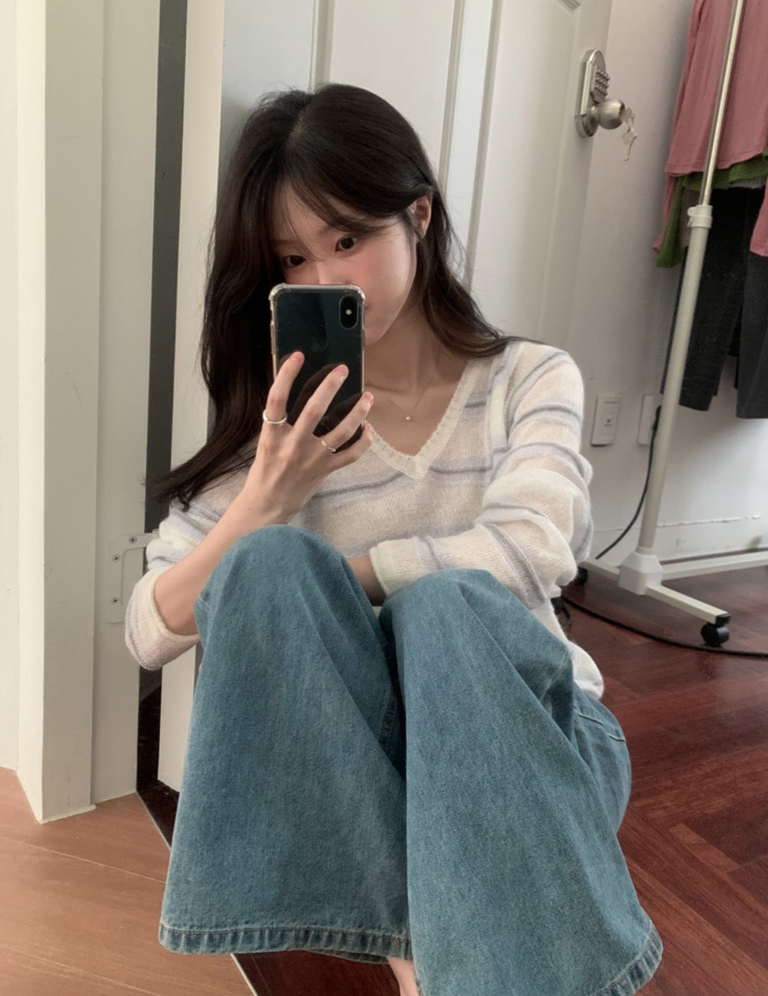 【F60695】法式甜美・V領條紋長袖針織衫260914