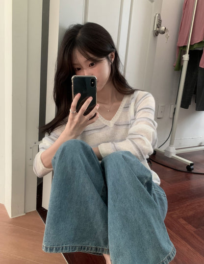 【F60695】法式甜美・V領條紋長袖針織衫260914