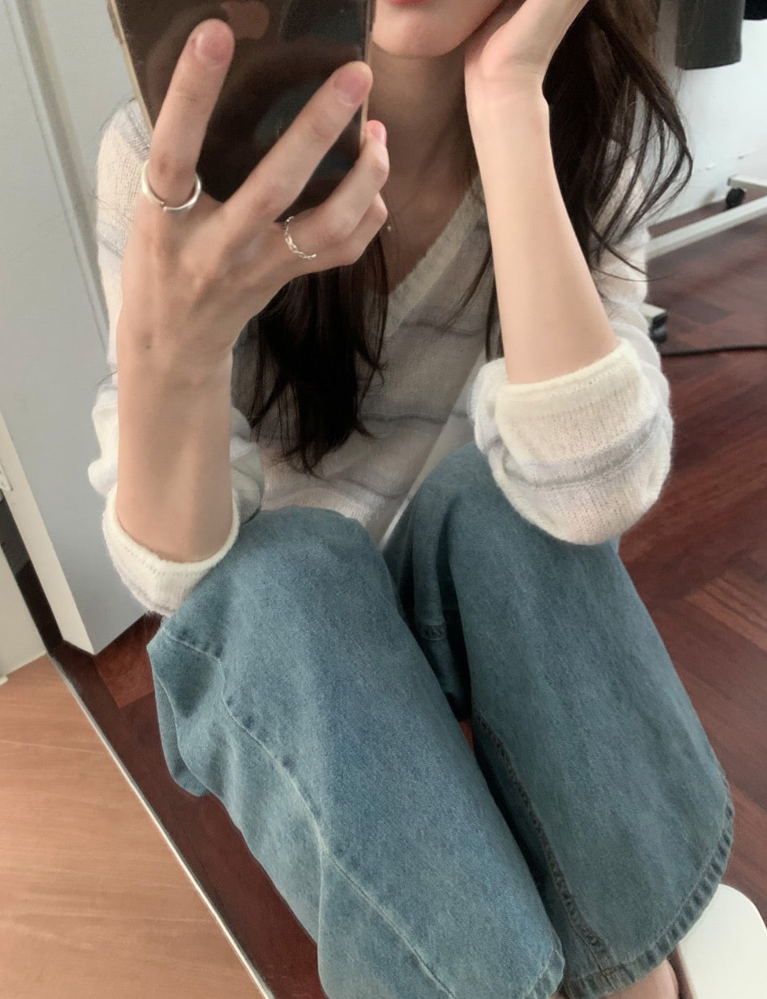 【F60695】法式甜美・V領條紋長袖針織衫260914