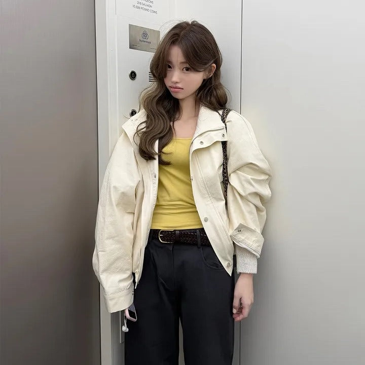 【F60704】復古率性・翻領工裝拉鍊短版夾克外套260914