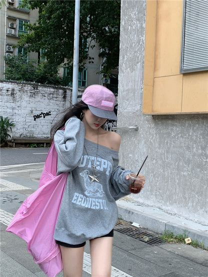 【F60733】率性休閒・字母印花斜肩大學T260928