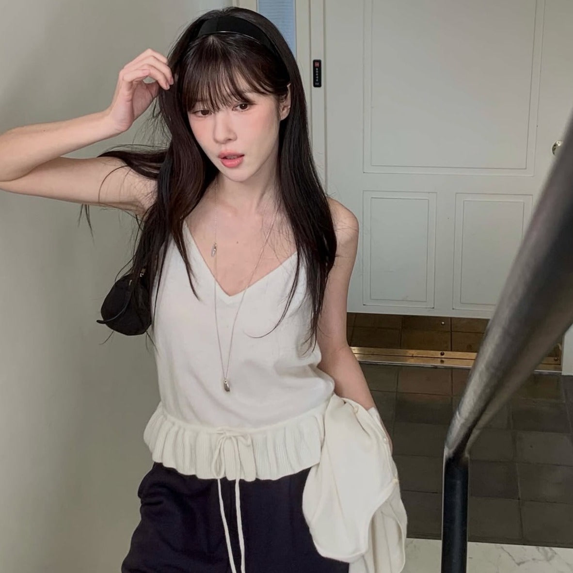 【F60699】法式甜美・荷葉花邊細肩帶+針織小外套套裝260914