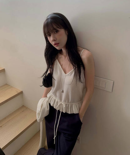 【F60699】法式甜美・荷葉花邊細肩帶+針織小外套套裝260914