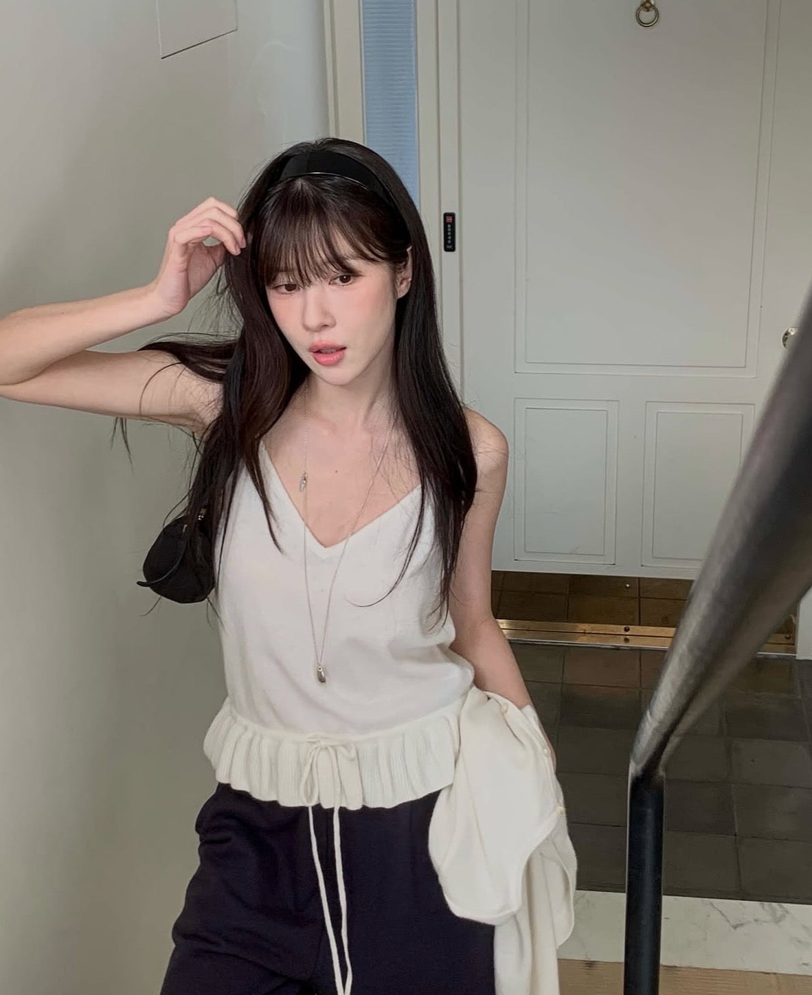 【F60699】法式甜美・荷葉花邊細肩帶+針織小外套套裝260914