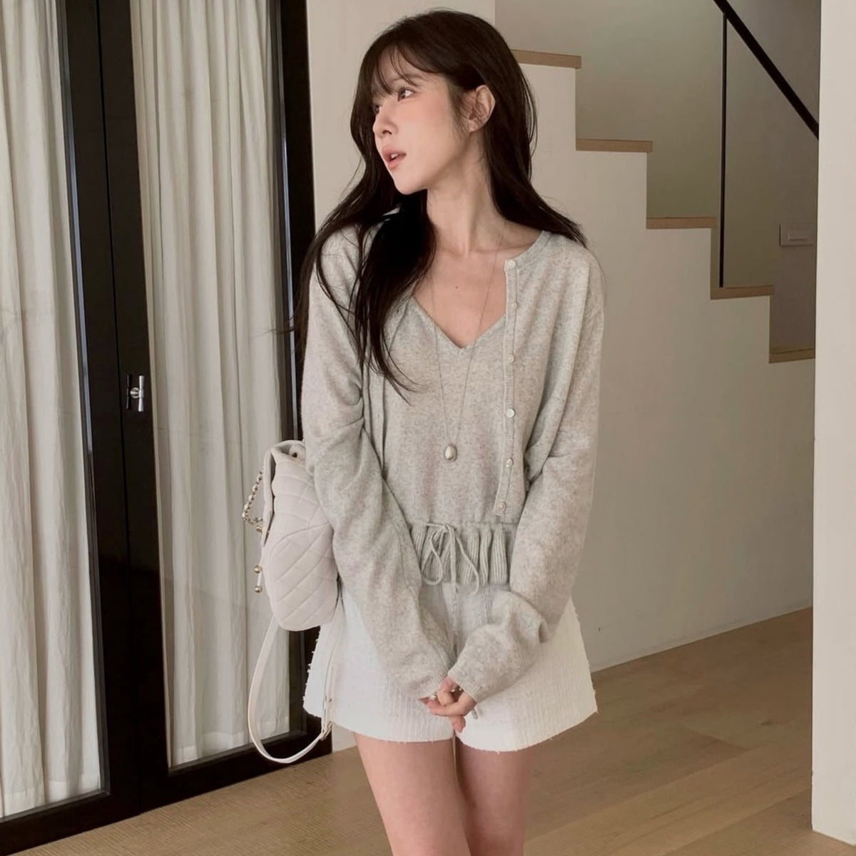 【F60699】法式甜美・荷葉花邊細肩帶+針織小外套套裝260914