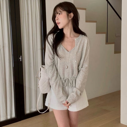 【F60699】法式甜美・荷葉花邊細肩帶+針織小外套套裝260914